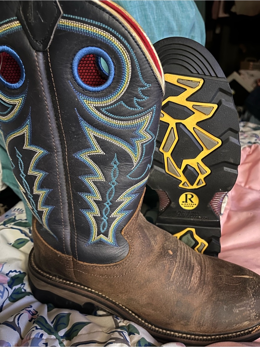 R. Watson Men's Brown Leather Western Work Boots with Blue Stitching